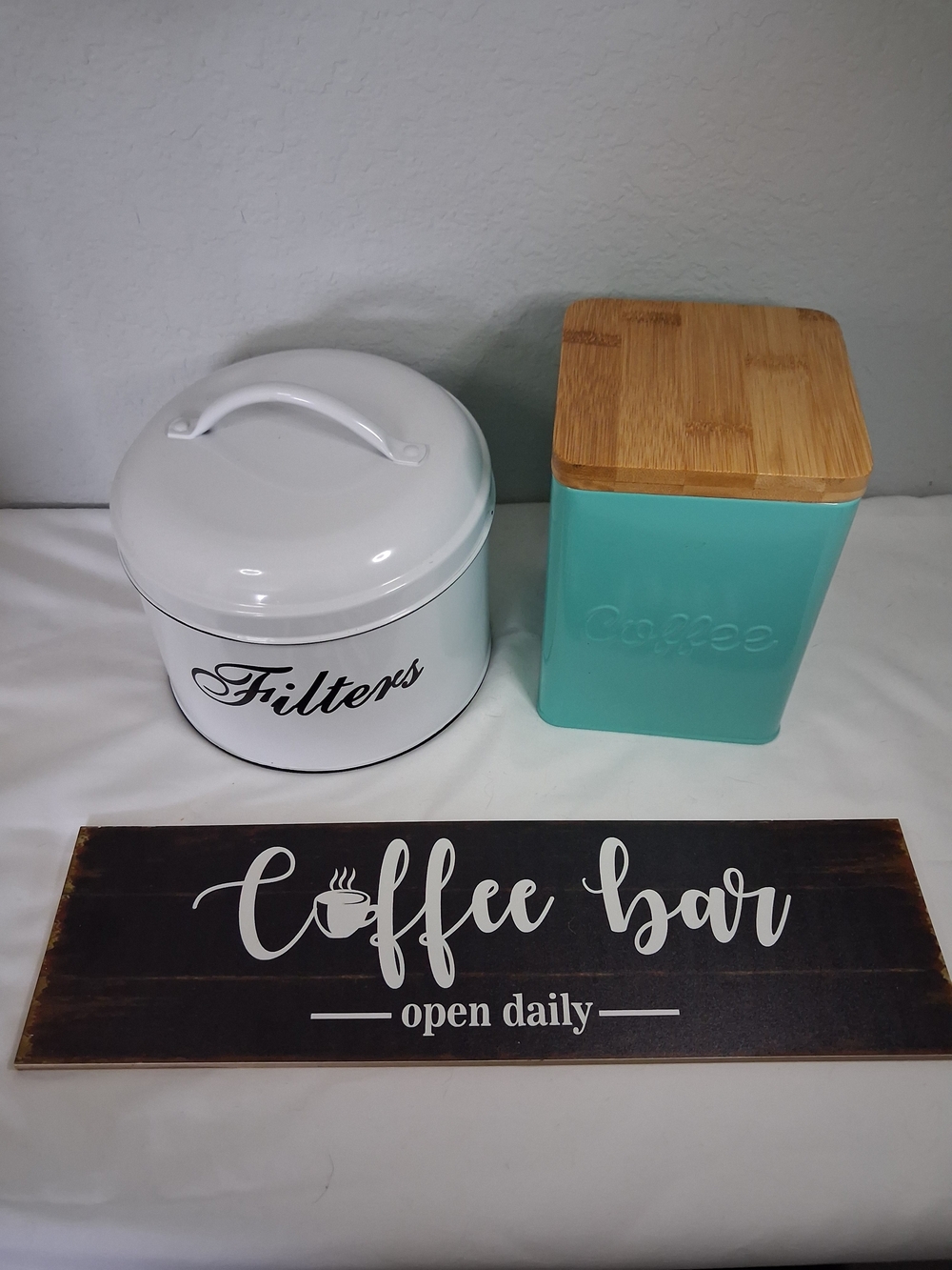 White 'Filters' Tin Canister & Teal Coffee Storage Jar with Bamboo Lid & Sign